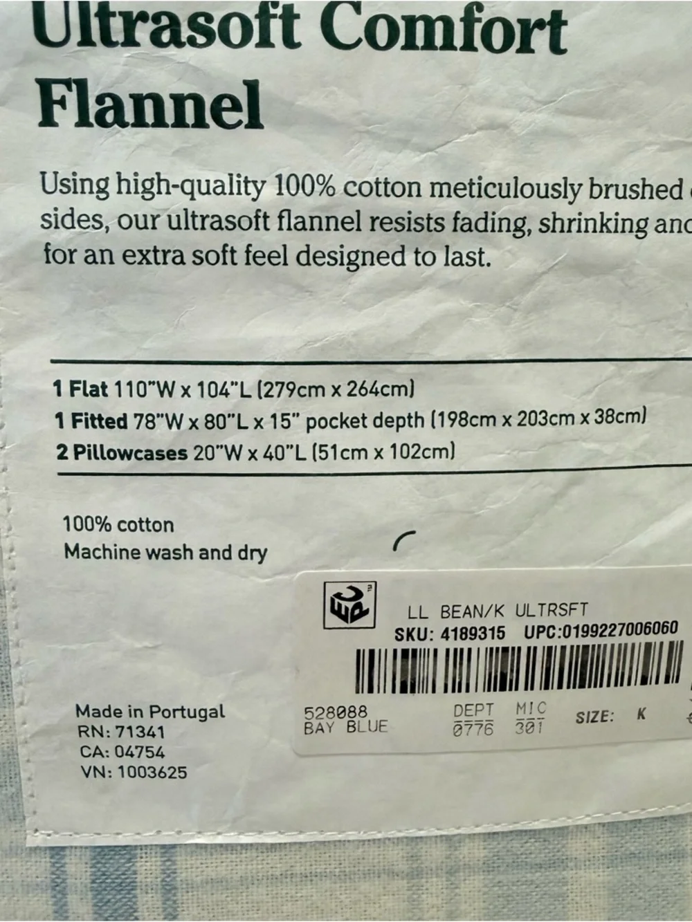 L.L. Bean King Ultrasoft Comfort Portuguese Flannel Sheet Set Bay Blue Check NWT